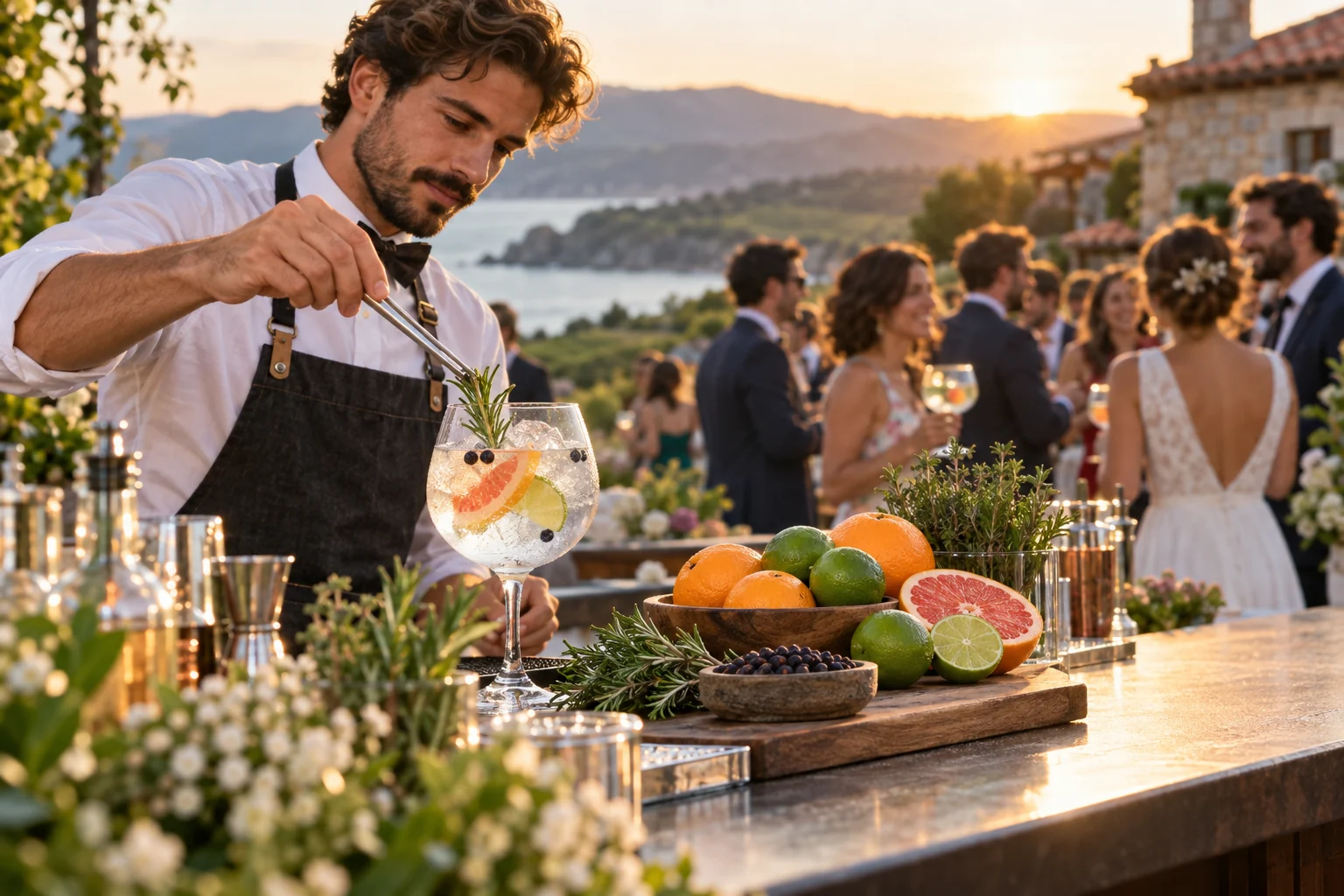 Bartender preparando un gin-tonic con cítricos en una boda