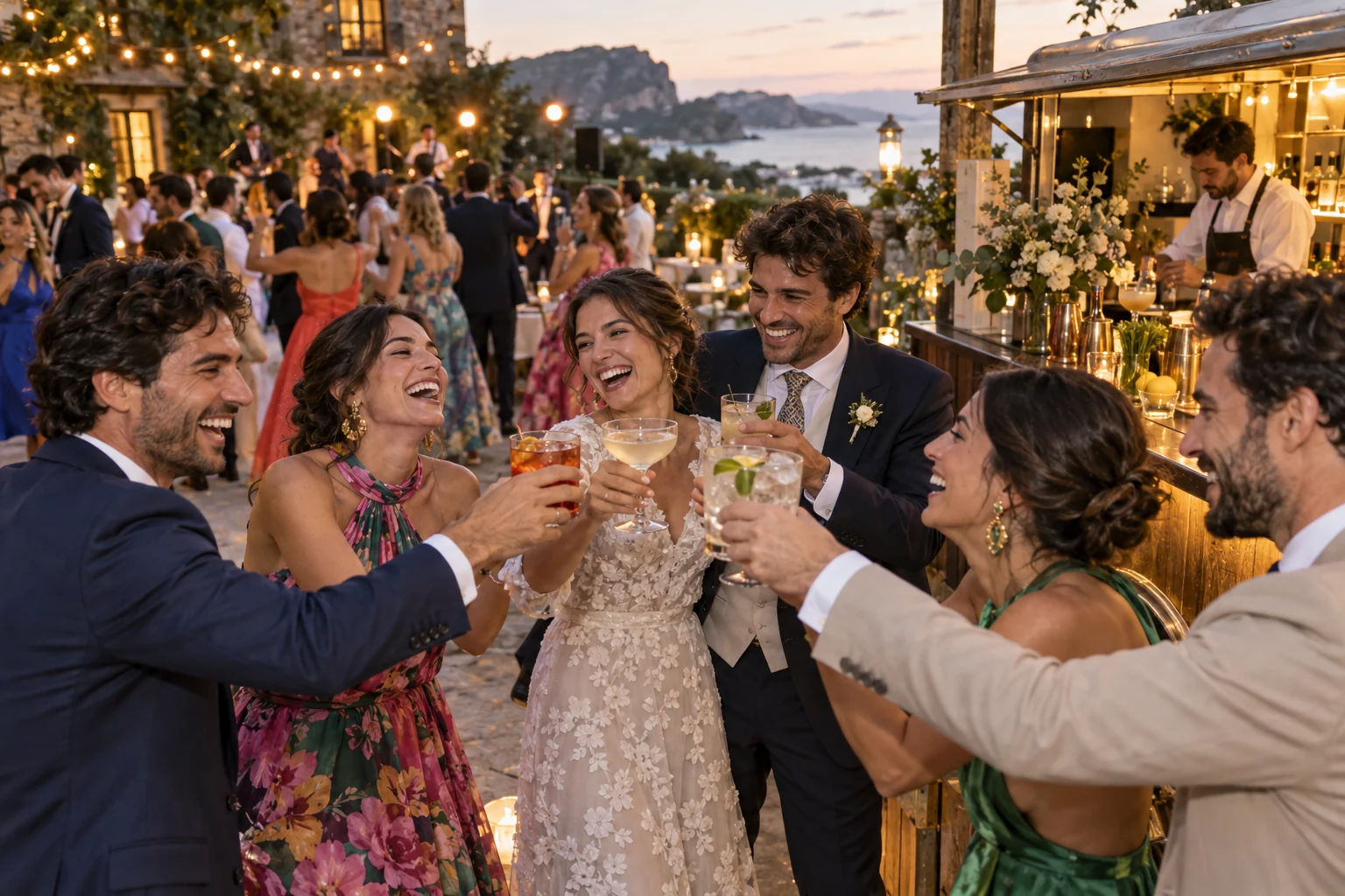 Invitados brindando y celebrando en una boda en Cantabria