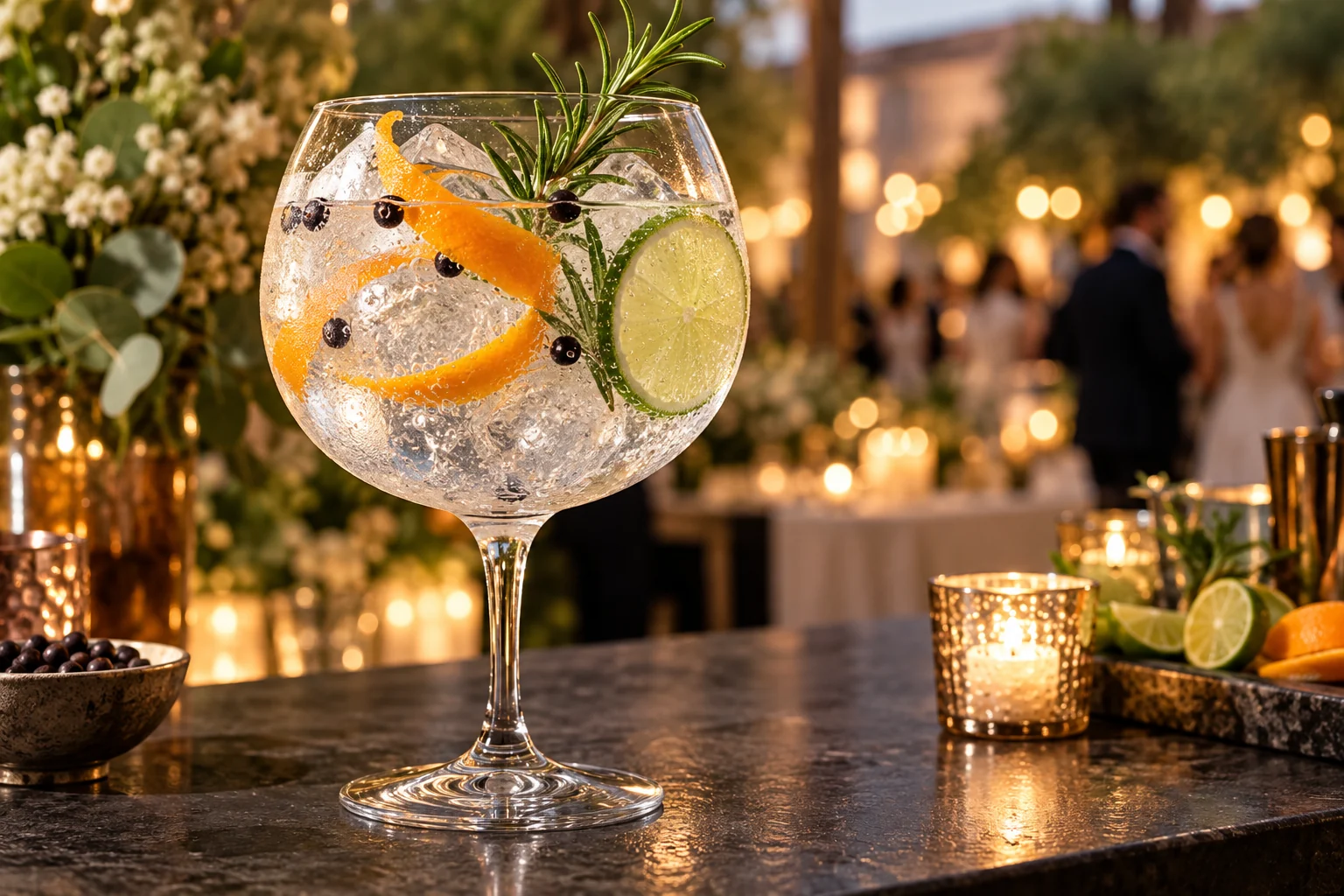 Copa de balón grande de gin-tonic con lima, naranja y romero