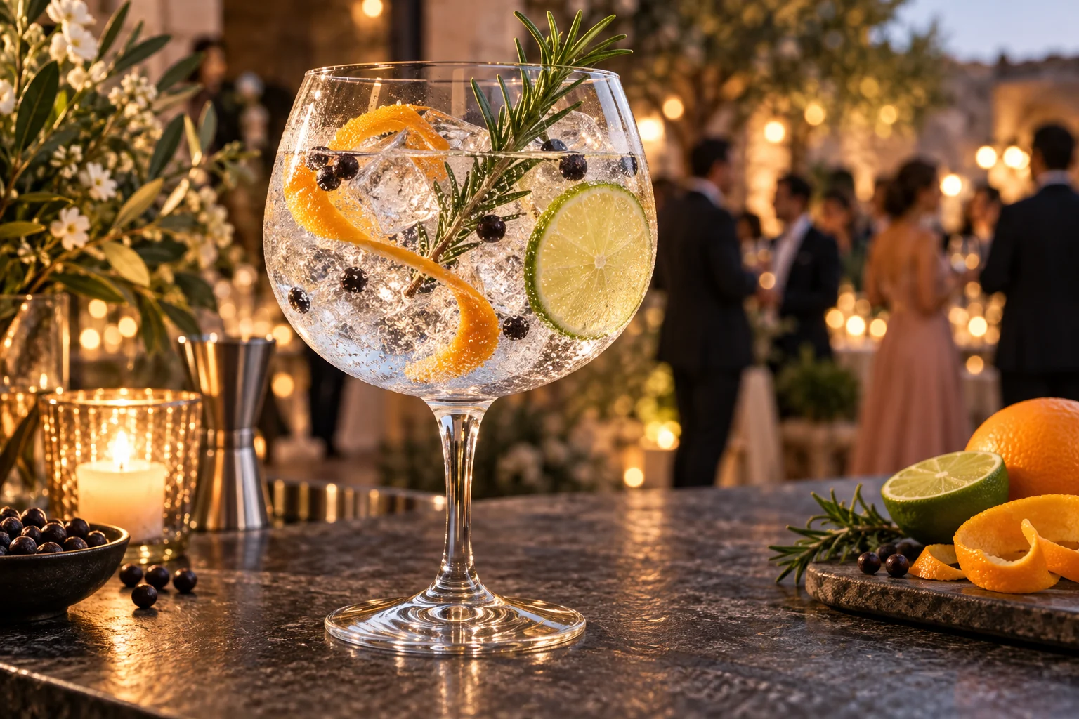 Gin-tonic con botánicos, enebro, cítricos y mucho hielo